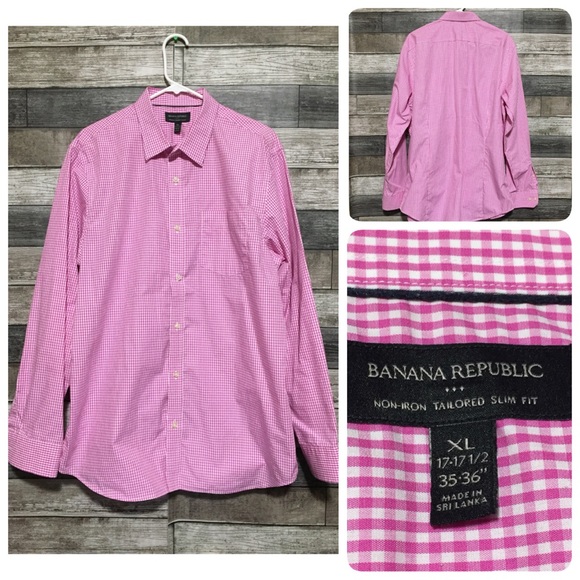 Banana Republic Non Iron Tailored Slim Fit Gingham Plaid Men’s XL Pink White - Picture 1 of 8